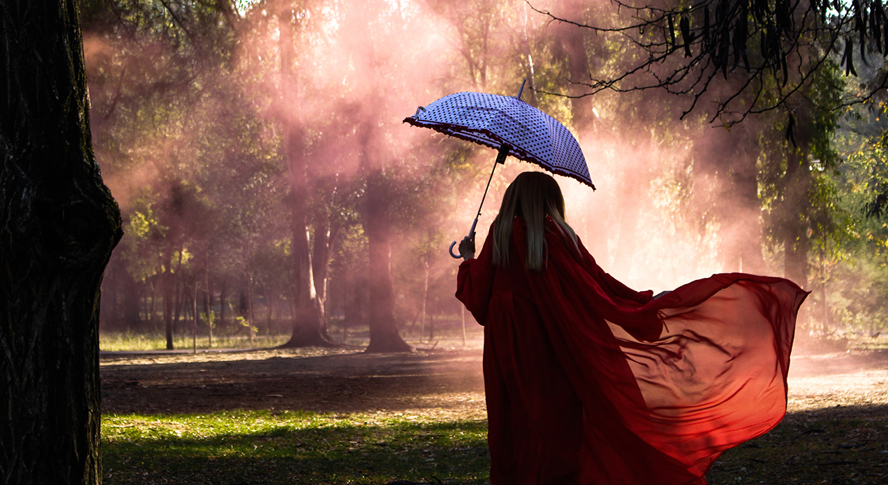 森の中を彷徨う傘を持った女の子